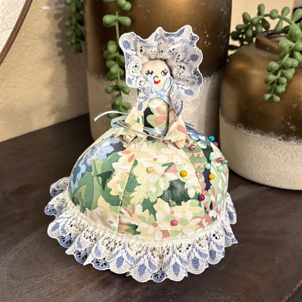 Floral Doll Pincushion with Lace Trim